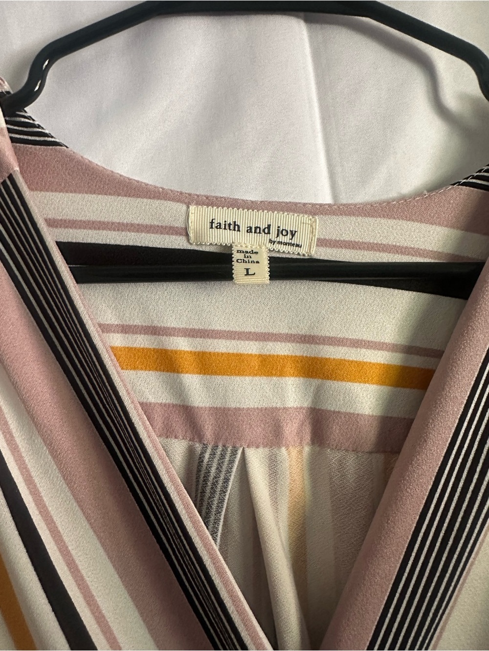 Faith and Joy Striped Wrap Peplum Top in Cream, Blush & Mustard - Picture 2 of 3